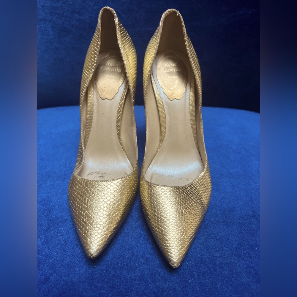 Rene Caovilla Gold  Leather Heels Shoes Pumps Platform EU 37 US 7.5